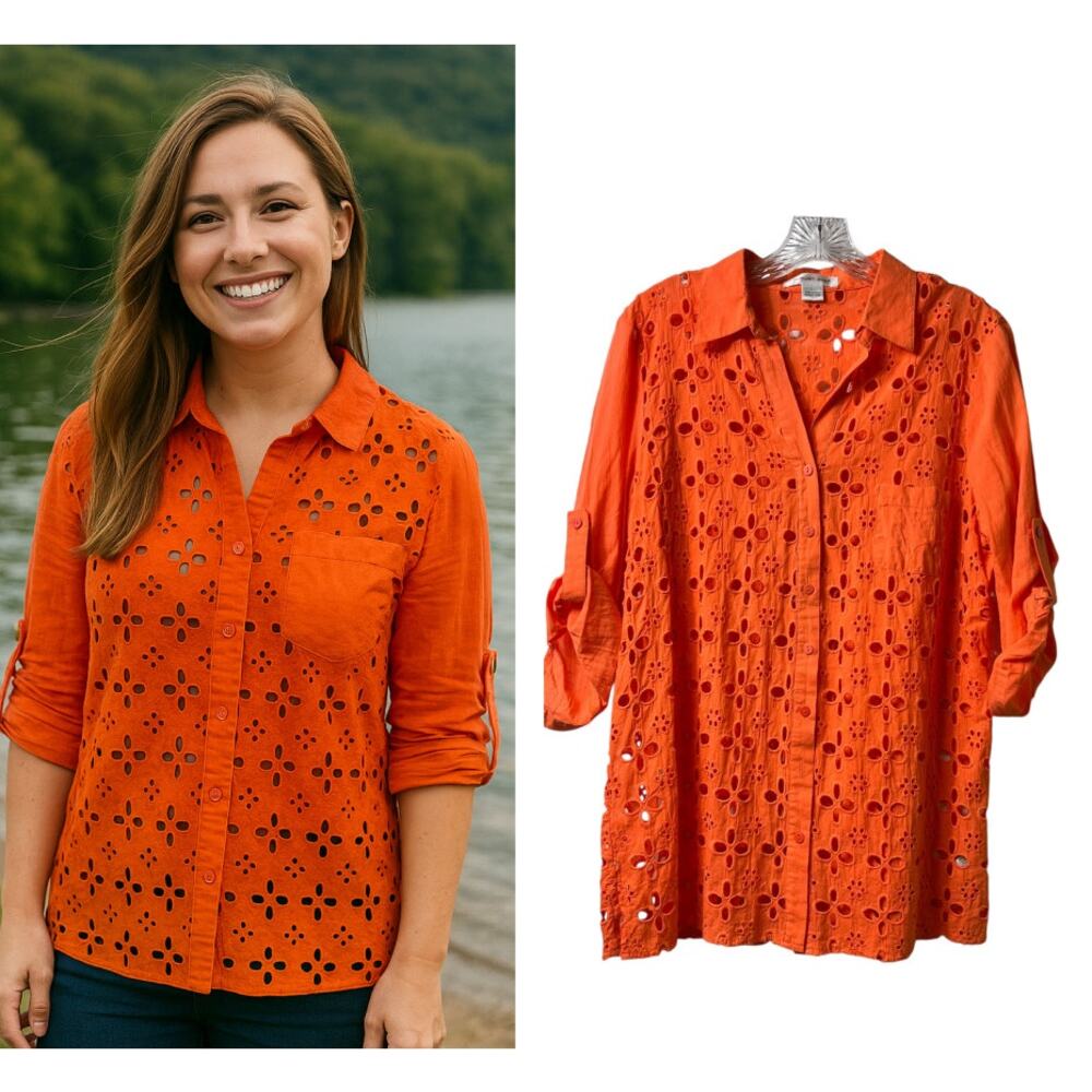 August Silk Floral Laser Cut 3/4 Sleeve Button Front‎ Top Orange Coral L (2816)